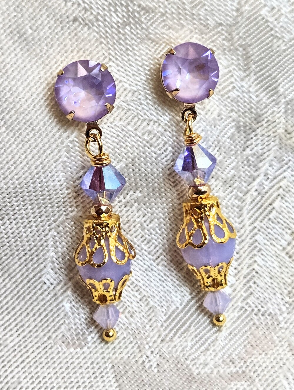 Victorian Delicate & Dainty Purple AB Swarovski & Glass In Gold Plated Earrings